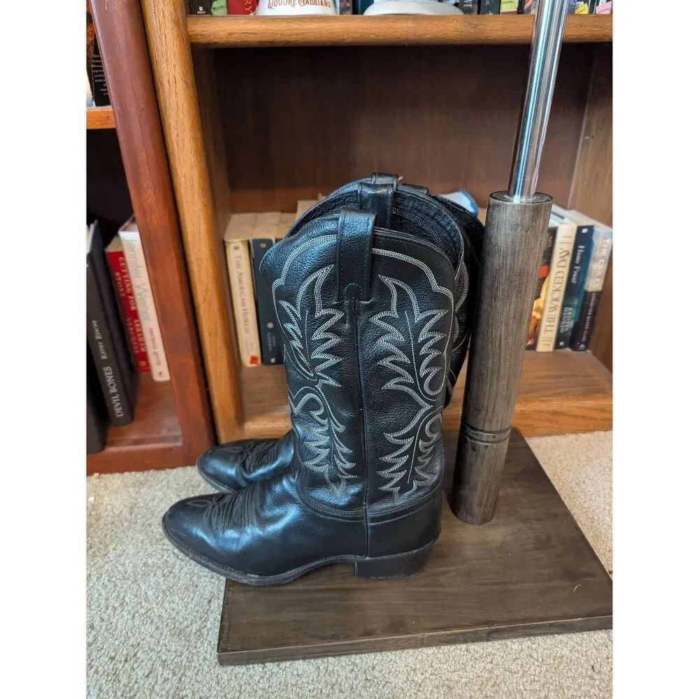 J. Chisholm Cowboy Boots  Size 9 D Black Leather Pointed Toe Stitched Pull On